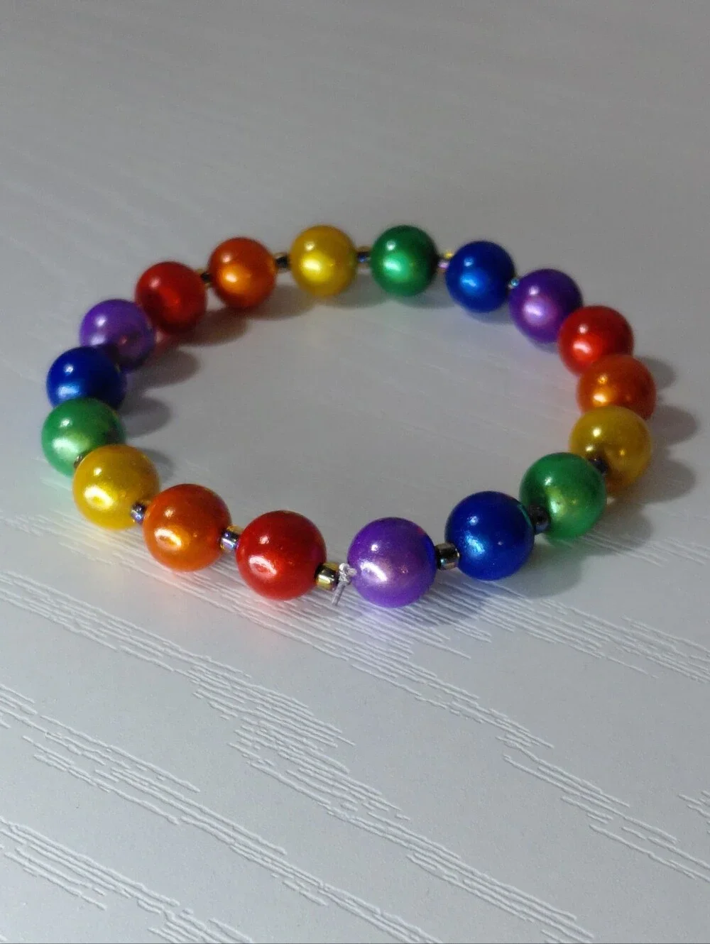Hand Crafted Bright Rainbow Pearl Bead Stretch Bracelet 7.75 Inch